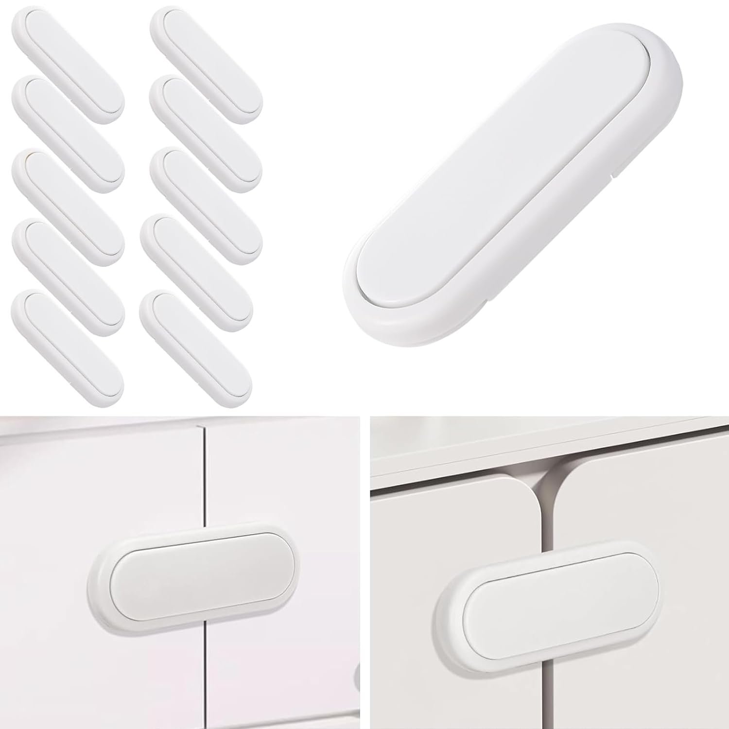 Pack of 10 Baby Safety Locks, No Drilling Drawer Lock, Child Safety Door Bolt for Cupboards, Drawers, Refrigerators, White