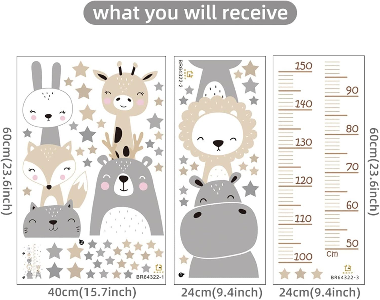 EXQUILEG Childrens Height Chart Wall Sticker Height Chart Child Forest Animals Wall Sticker Removable DIY Wall Picture Wall Sticker for Childrens Brick Decoration (Grey)