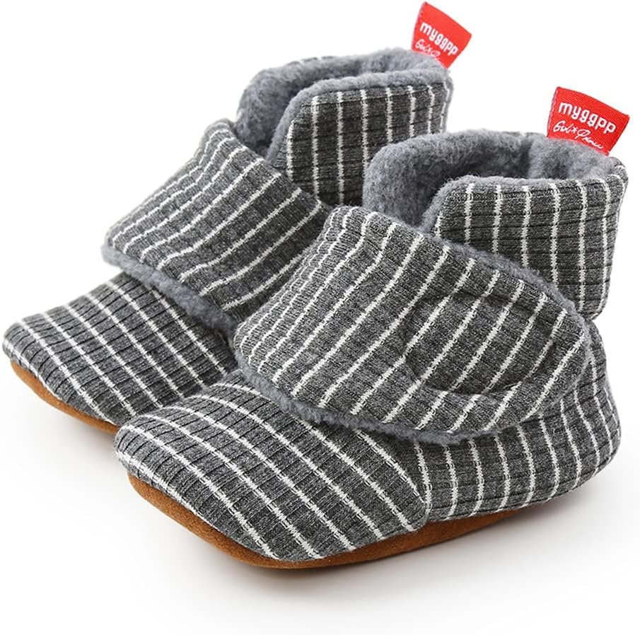 Sehfupoye Toddler Baby Boys Girls Cotton Booties Shoes Striped Soft Sole Newborn First Hiking Shoes Warm Fleece Boots 0-18M