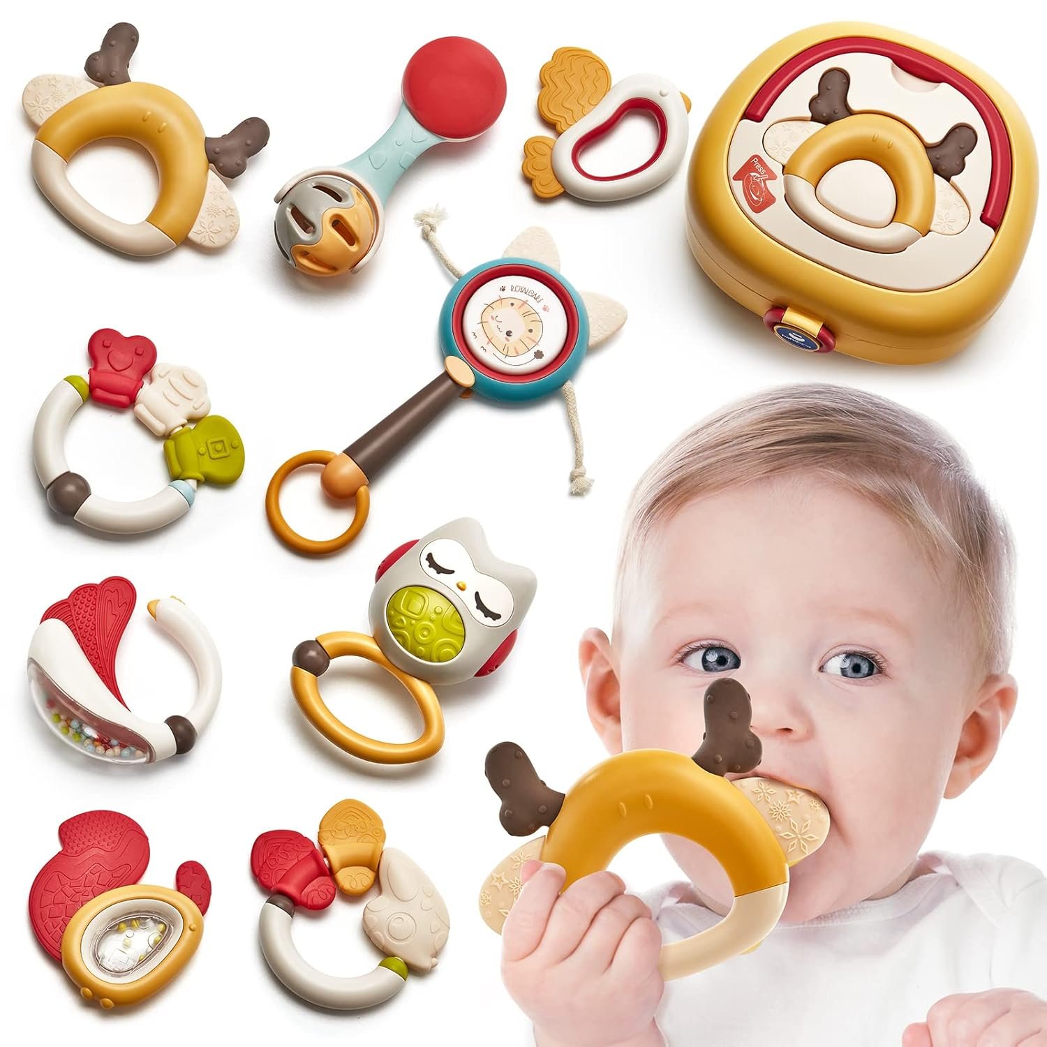 Baby Toy 0 3 6 Months Rattle Teether Set 9 Pieces Shaker Grip Rattle Baby Toddler Toy for Newborn Boys Girls Baby Gifts