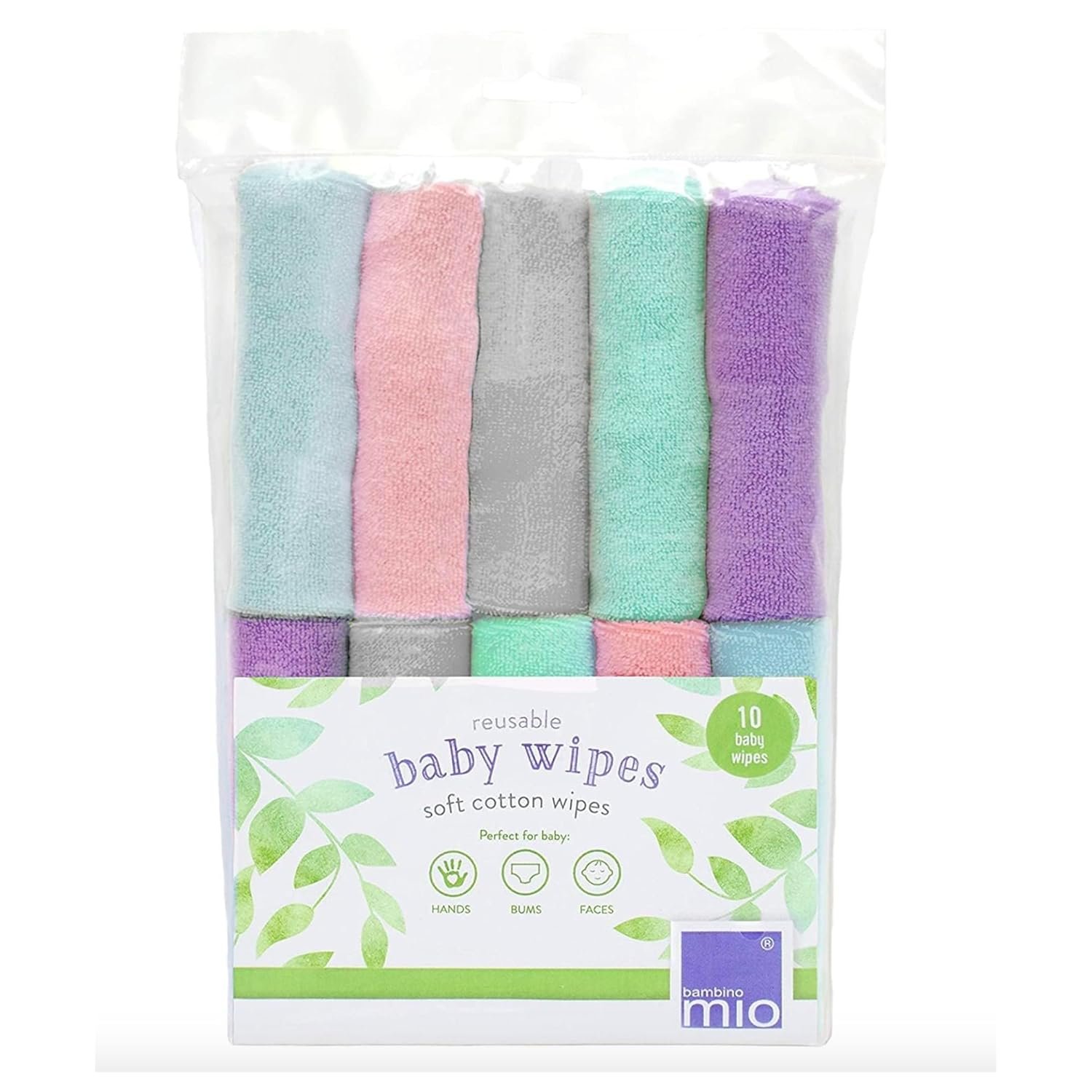 Bambino Mio, Reusable Baby Wipes - Basic - Eco-Friendly, Chemical Free, Double-Sided, Washable, Pack of 10, Cloud - Packaging May Vary