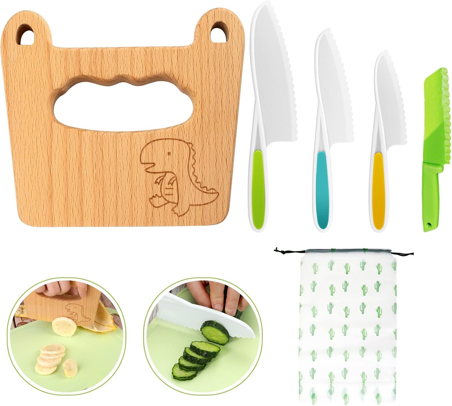 Goodchef Childrens Knife 5-Piece Childrens Kitchen Knife Set for Cutting and Cooking Fruit or Vegetables for Toddlers, Includes Childproof Wooden Knife from 2 Years (Big-Eyed Dinosaur)