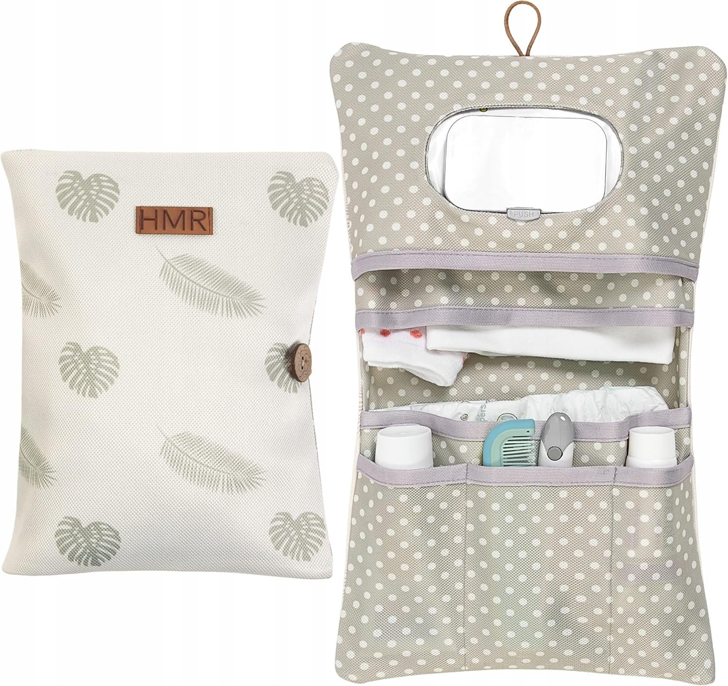 Hamur Home Nappy Bag with Changing Mat, 2-in-1 Organiser and Cosmetics Bag, Small Changing Bag for On the Go Mums, for Nappies, Cream, Wipes, Baby Organiser (Leaves)