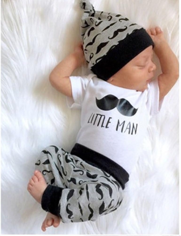 Juflam Newborn Baby Boys Clothing Little Man Top Romper + Trousers Leggings + Hat 3 Pieces 3 Pieces Clothing Sets