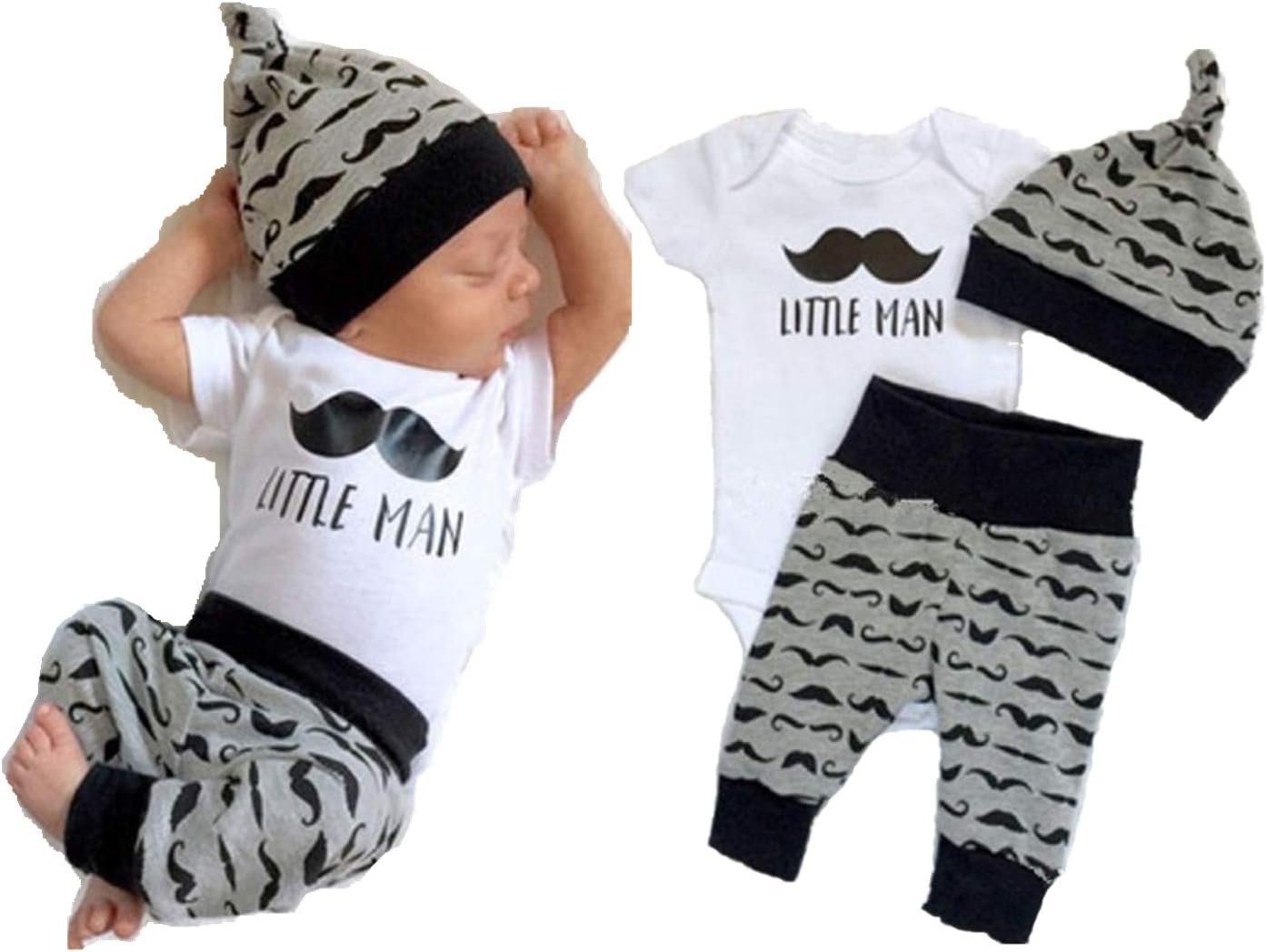 Juflam Newborn Baby Boys Clothing Little Man Top Romper + Trousers Leggings + Hat 3 Pieces 3 Pieces Clothing Sets