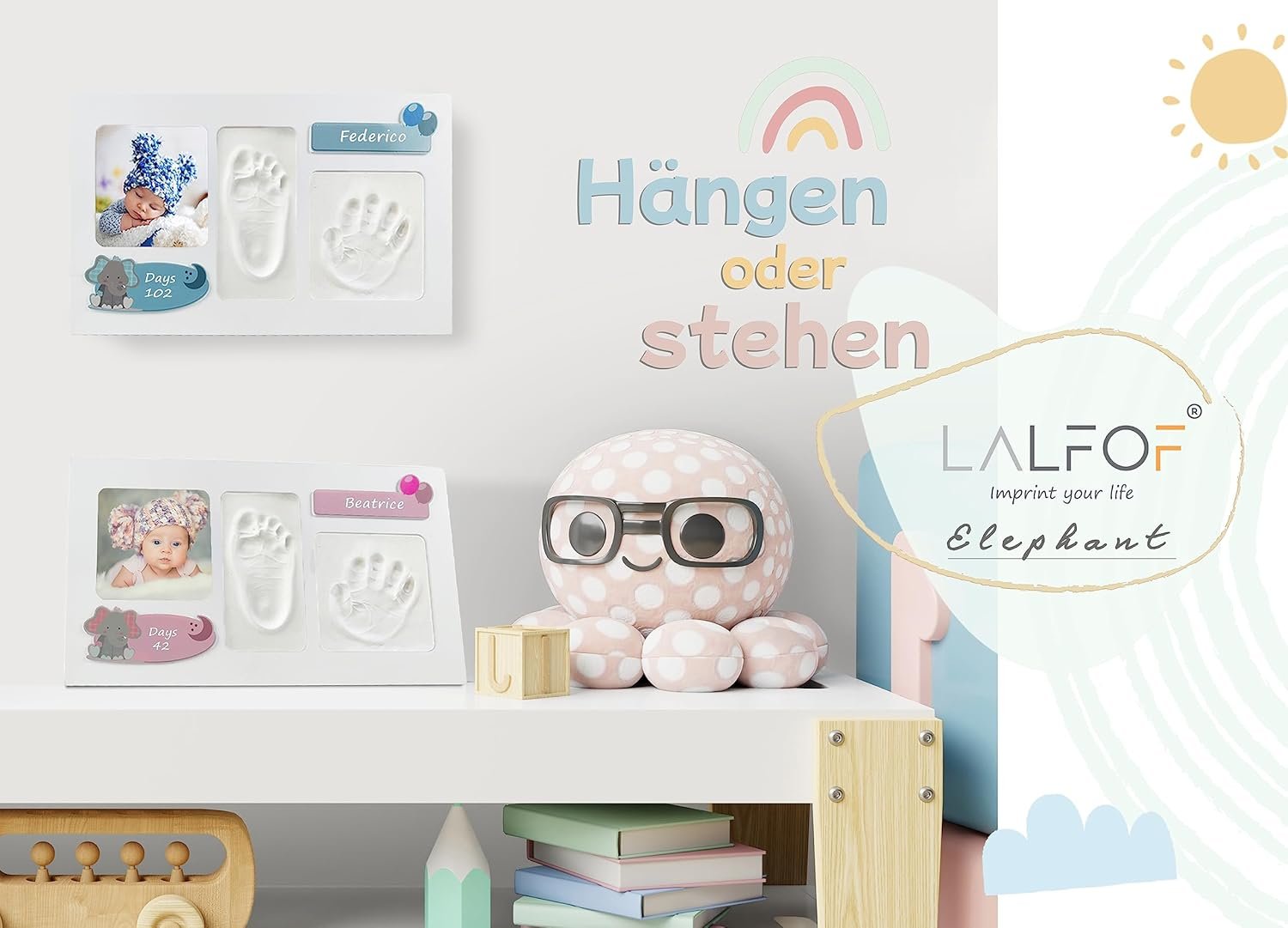 Lalfof® Baby Footprint with Adjustable Frame with NAME. Baby Footprint Set with Handprint Baby Dermatologically Tested Plaster Cast Baby Hand and Foot with Carries Items Baby Imprint Set