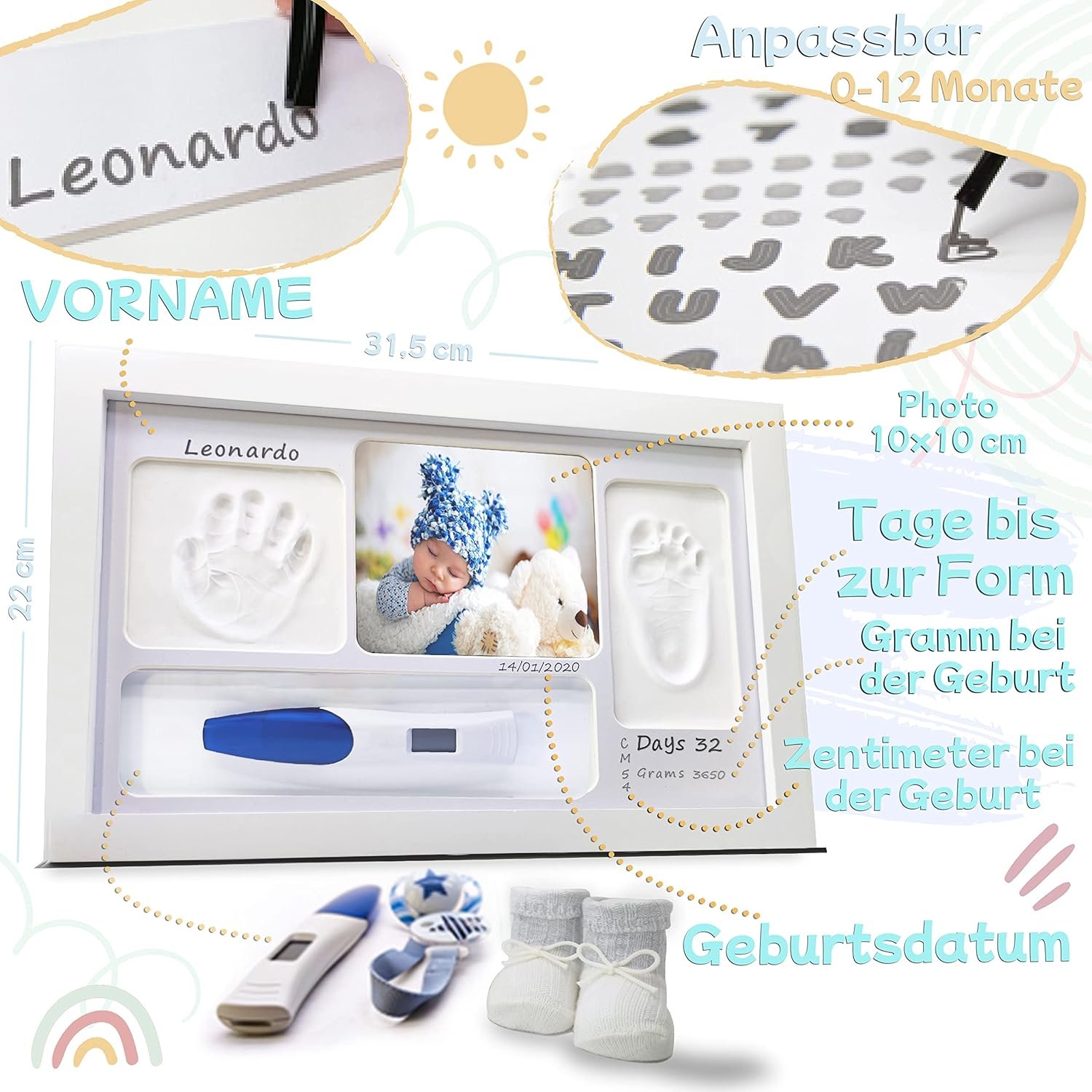 Lalfof® Baby Footprint with Adjustable Frame with NAME. Baby Footprint Set with Handprint Baby Dermatologically Tested Plaster Cast Baby Hand and Foot with Carries Items Baby Imprint Set